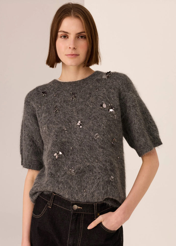 Pol/Haviland Beaded Knit Tee/Charcoal